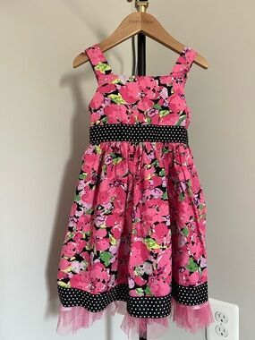 Y2K 2000s Youngland Pink Floral Sequin Dress w/ Polka Dot Belt, Size 4
